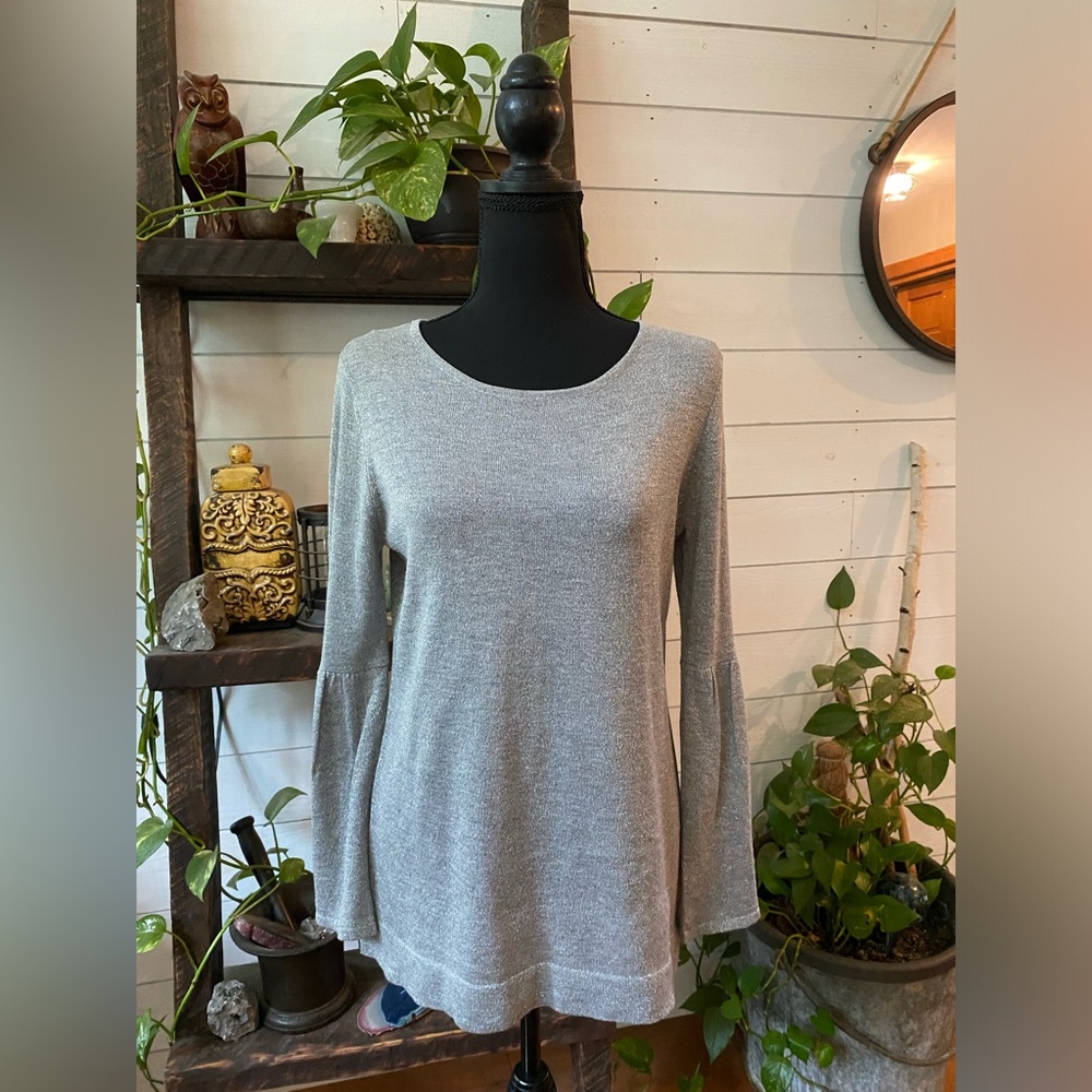 Calvin Klein: Gray Metallic Top Sweater Blouse with Flare Bell Sleeves